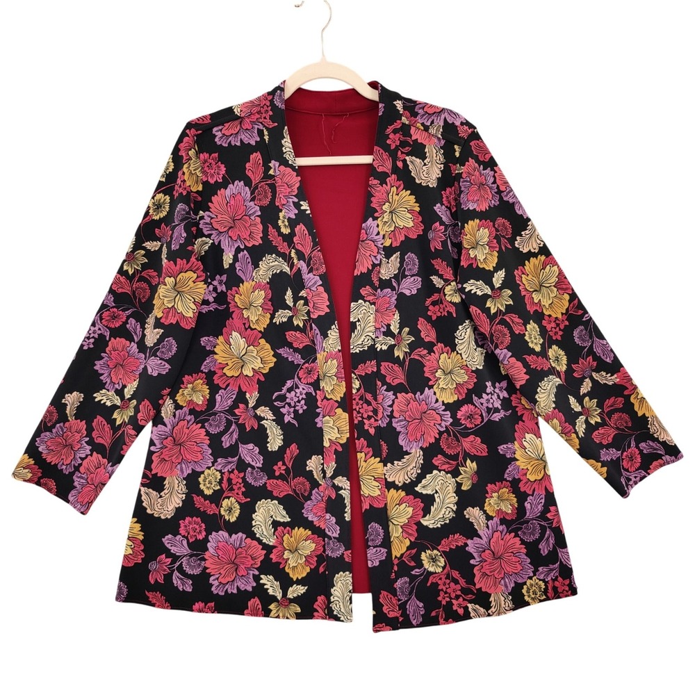 Susan Graver Women Boho Floral Statement Cardigan L Black Red Open Front Wrap